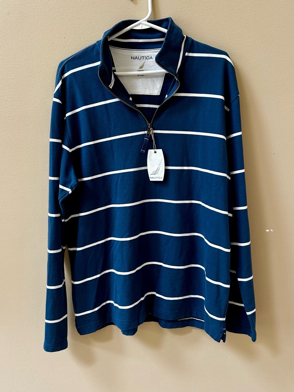 Nautica Men’s Navy and White Striped Zip-Front Sweatshirt - Large